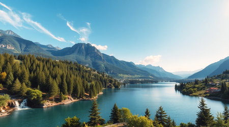 A gentle river flowing through golden farmland.の写真素材