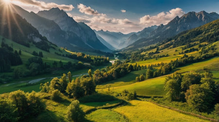 A lush green mountain thick with vegetation and cascading streams.の写真素材