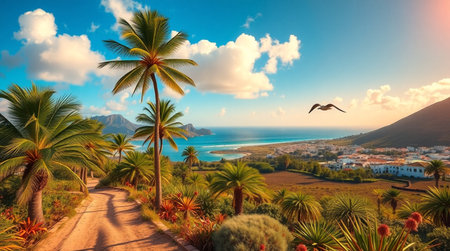 A breezy coastal cliff dotted with small green shrubs.の写真素材
