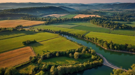 A lush hillside glowing in soft golden-hour light.の写真素材