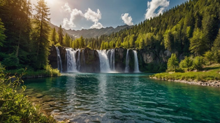 A crystal-clear waterfall cascading into a tranquil turquoise pool.の写真素材