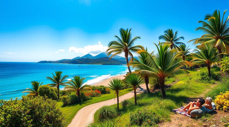 A secluded tropical cove with emerald-green water.の写真素材