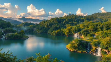 A mist-covered waterfall deep in the rainforest.の写真素材
