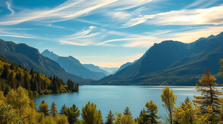 A tropical beach with white sand, clear blue water, and swaying palm trees under bright sun.の写真素材