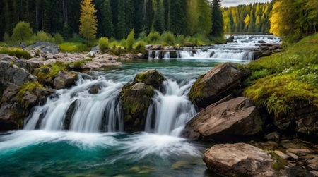 A peaceful woodland path covered with fallen autumn leaves.の写真素材