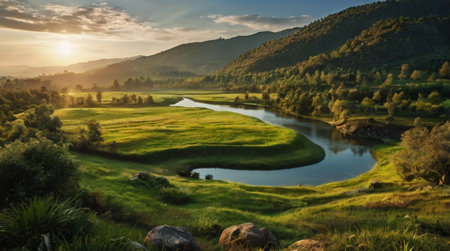 A serene lakeside surrounded by thick pine forests.の写真素材