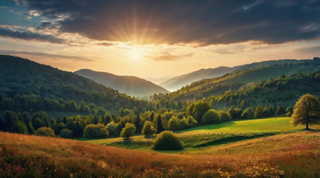 A glowing sunset turning the sky into shades of gold and purple.の写真素材