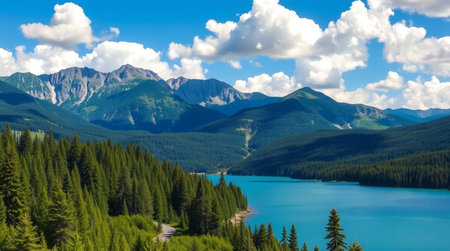 A lush forest canopy filled with vibrant greenery and beams of sunlight.の写真素材