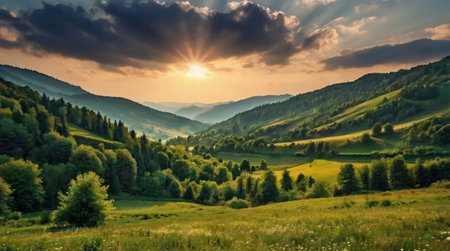 A river valley lit with warm golden light at dusk.の写真素材