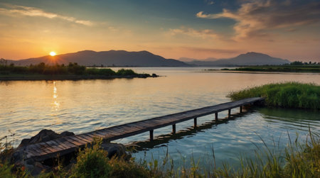 A glowing sunset turning the sky into shades of gold and purple.の写真素材