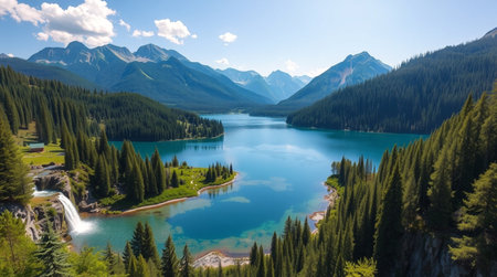 A quiet meadow lit with gentle golden-hour glow.の写真素材