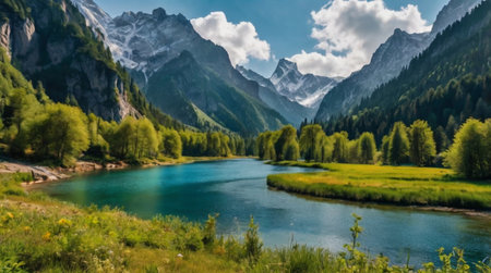 A peaceful wetland with lily pads floating across a mirror-like pond.の写真素材