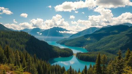 A deep jungle valley with layers of dense vegetation.の写真素材