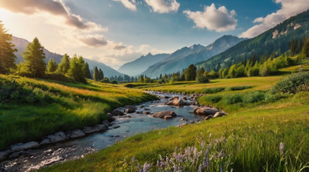 A quiet pine forest filled with soft rays of sunlight.の写真素材