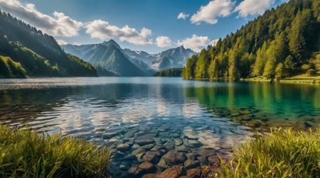 A shimmering river winding through ancient forest landscapes.の写真素材