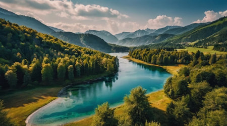 A picturesque village nestled between rolling green hills and rivers.の写真素材