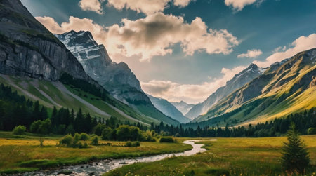 A peaceful forest stream flowing gently between moss-covered rocks.の写真素材