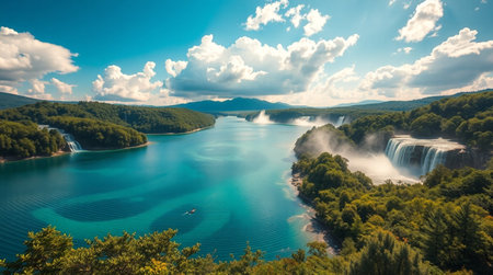 A tropical mountaintop covered in lush vegetation.の写真素材