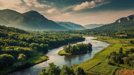 A wide valley with a river curving smoothly through it.の写真素材