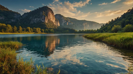 A serene countryside hilltop overlooking wide rolling fields.の写真素材