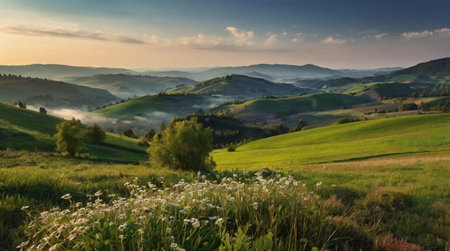 A dramatic thundercloud forming above rolling hills.の写真素材