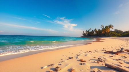 A sunny tropical beach with white sand and clear turquoise water.の写真素材