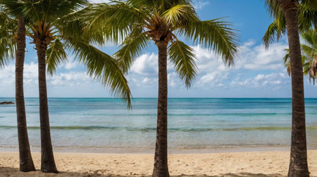 A serene beach scene with palm trees and turquoise ocean.の写真素材