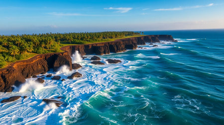 A dramatic coastline with waves crashing against rocky cliffs and a serene ocean.の写真素材