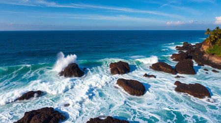 A dynamic ocean scene with crashing waves against rugged cliffs and a backdrop of deep blue sea.の写真素材