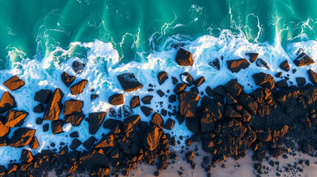 A quiet sea cliff where waves crash softly at the base.の写真素材