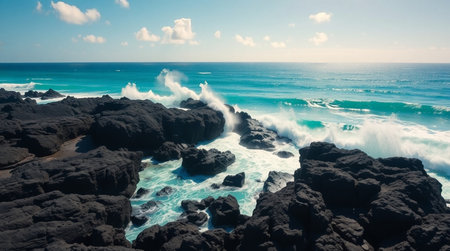 A savanna landscape with tall golden grasses and distant acacia trees.の写真素材