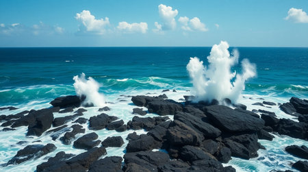 A calm lakeshore surrounded by autumn-colored forests reflecting in water.の写真素材