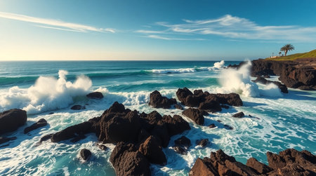 Panoramic view of the ocean waves crashing on the rocks at Ponta Delgada, Tenerife, Canary Islandsの写真素材