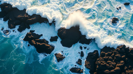 Aerial view of the ocean waves crashing on the rocks. Natural backgroundの写真素材