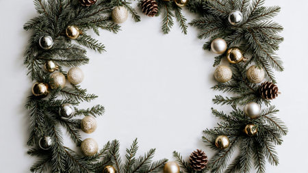 A luxurious Christmas border featuring deep green pine branches, golden ribbon swirls, and...