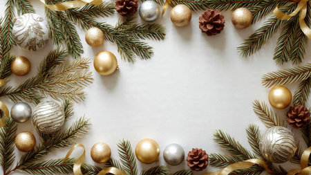 A Christmas-themed product frame surrounded by golden ribbons and silver baubles against fresh pine.の写真素材