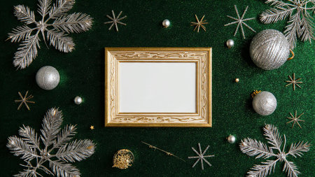 Natural pine composition featuring golden ribbon strips and sparkling silver decor.