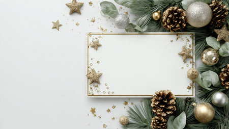 Elegant holiday frame featuring layered pine needles and polished metallic baubles arranged symmetrically.の写真素材