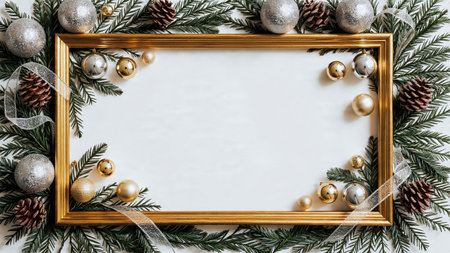 Festive winter composition with realistic pine needles and shiny decorations.