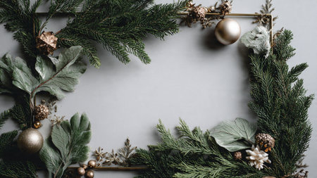 Festive holiday border featuring gold ribbon waves and pine textures.の写真素材