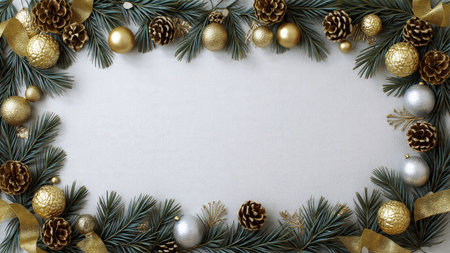 Modern luxury holiday frame combining cool pine textures with warm gold and silver highlights.