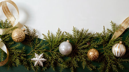 Luxurious Christmas greenery paired with metallic ornaments forming a stunning frame.
