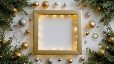 A bright holiday layout featuring natural pine greenery and metallic highlights.