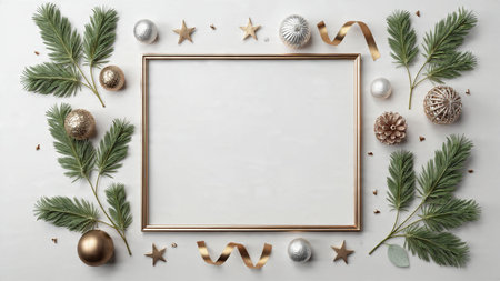 Premium holiday composition with balanced pine greenery and gold accents on both sides of the...