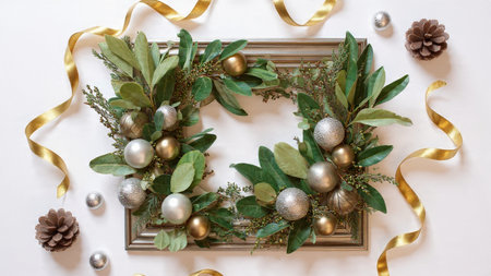 Seasonal festive layout with golden accents woven through pine branches.