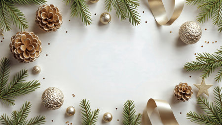Soft Christmas frame using pine foliage and shimmering gold decorations.