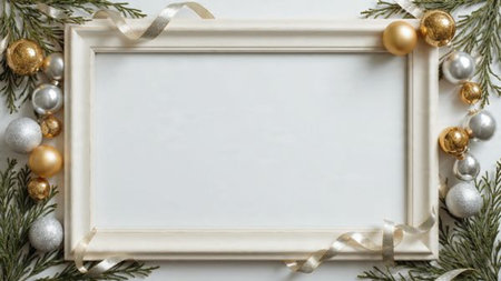 Elegant botanical holiday border with pine needles and shimmering ornaments.