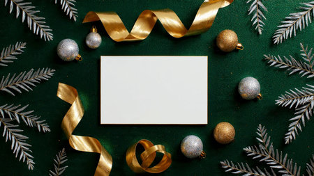 Fresh festive frame with pine sprigs and shimmering holiday objects.