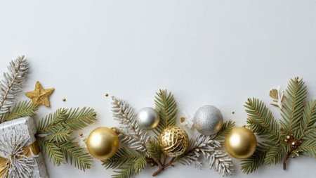 Clean and fresh pine border adorned with gold baubles and slim metallic ribbons.