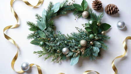 A soft, elegant frame with pine greenery and metallic decorations arranged gently around the center.